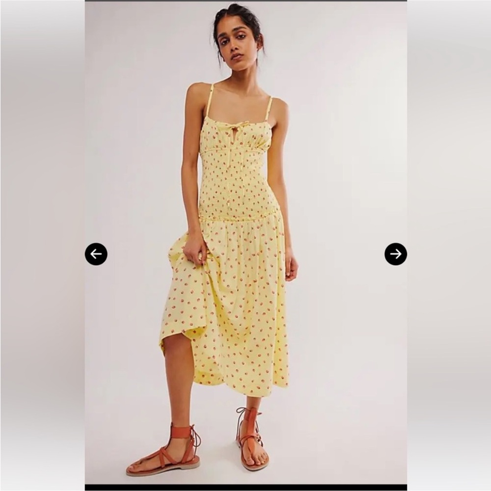 NWOT Free People Lavender Daze midi dress. Yellow w/ strawberry print - Picture 1 of 4